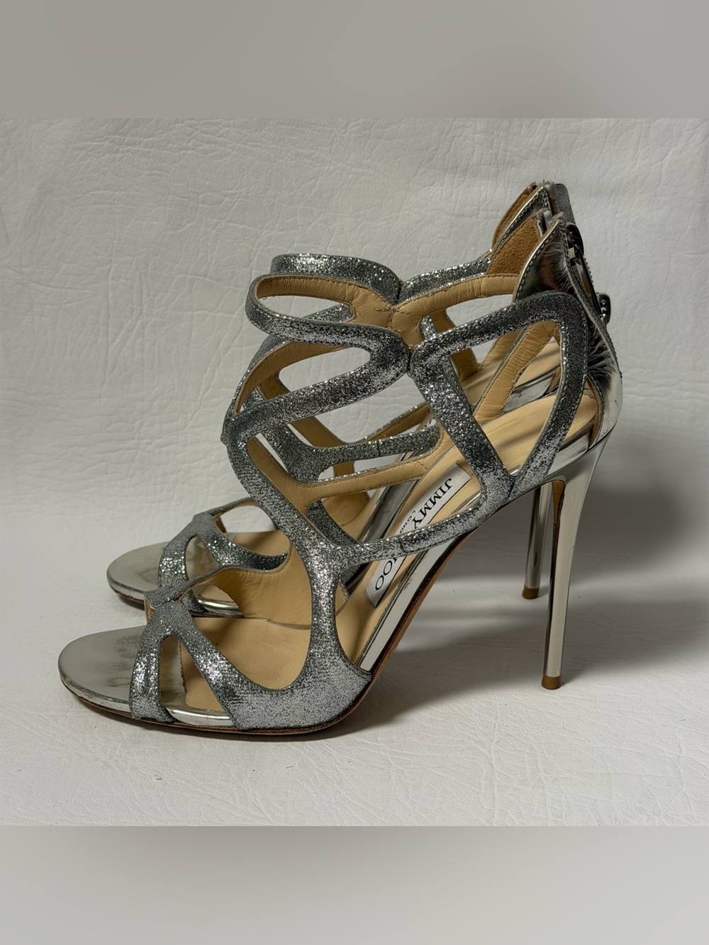 Jimmy Choo Leslie Silver Glitter leather Heel Sandals Sz 35.5